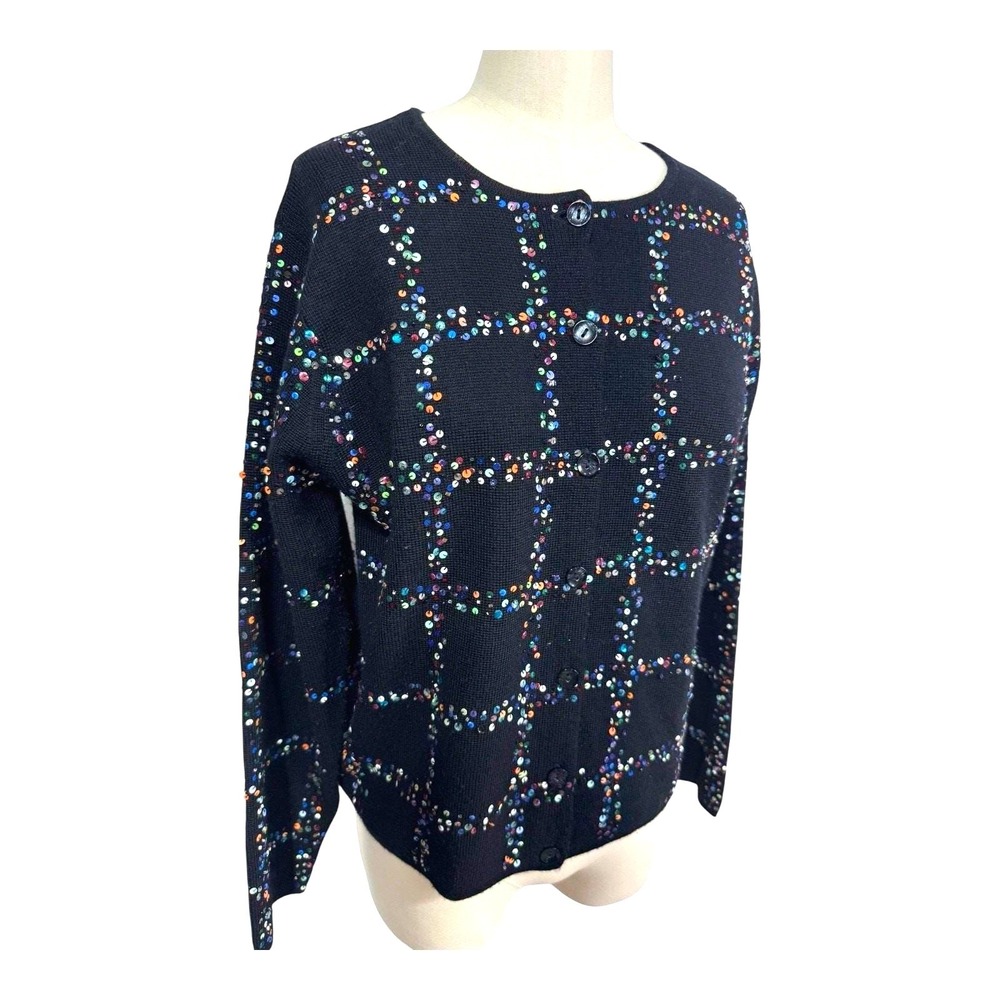 Robert Scott Black‎ Sequin Checkered Cardigan Sweater Vintage Y2K Sparkly Small